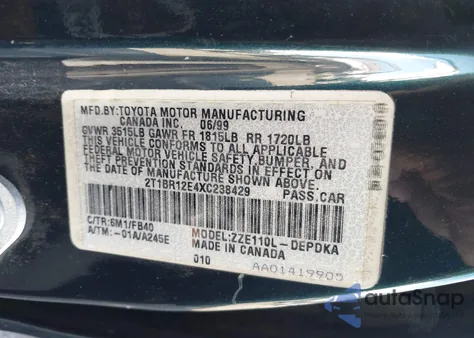 1999 Toyota Corolla Ce из США, поврежденный, VIN 2T1BR12E4XC238429